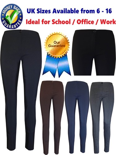 Girls Ladies School Office Day Work Skinny Fit Stretch Trousers Black Blue Grey - Picture 3 of 11