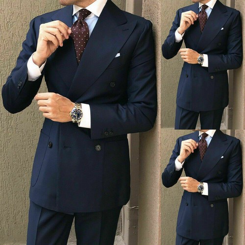 Wide Lapel Peak Navy Blue Tuxedos Men's Wedding Party Formal Prom Groom Suits - Picture 1 of 12