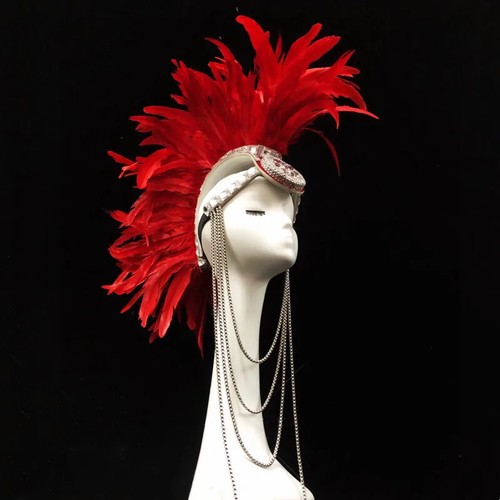 Rhinestone Feather Metal Chain Cockscomb Headdress Stage Performance Accessories - Picture 7 of 13
