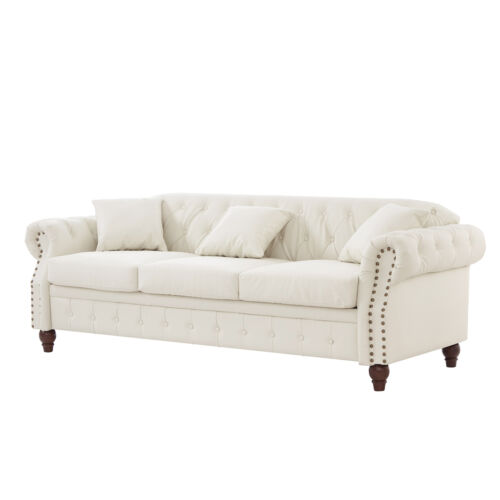 85.8" Chesterfield Sofa Faux Leather Upholstered 3Seater Rolled Arm Tufted White - Picture 6 of 12