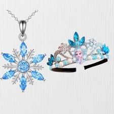 Winter Snowflake Necklace  Ice Blue Elsa Crown 2 Piece Set Jewelry