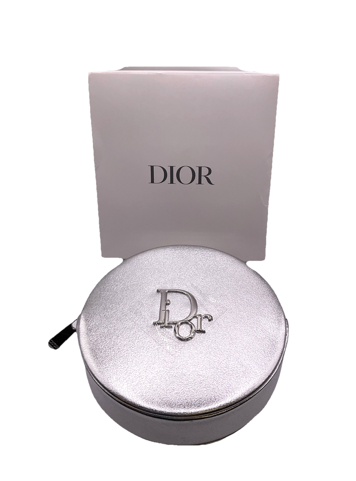 DIOR Trousse Makeup Pouch Silver Round Vanity Bag Circular Cosmetic Clutch NEW