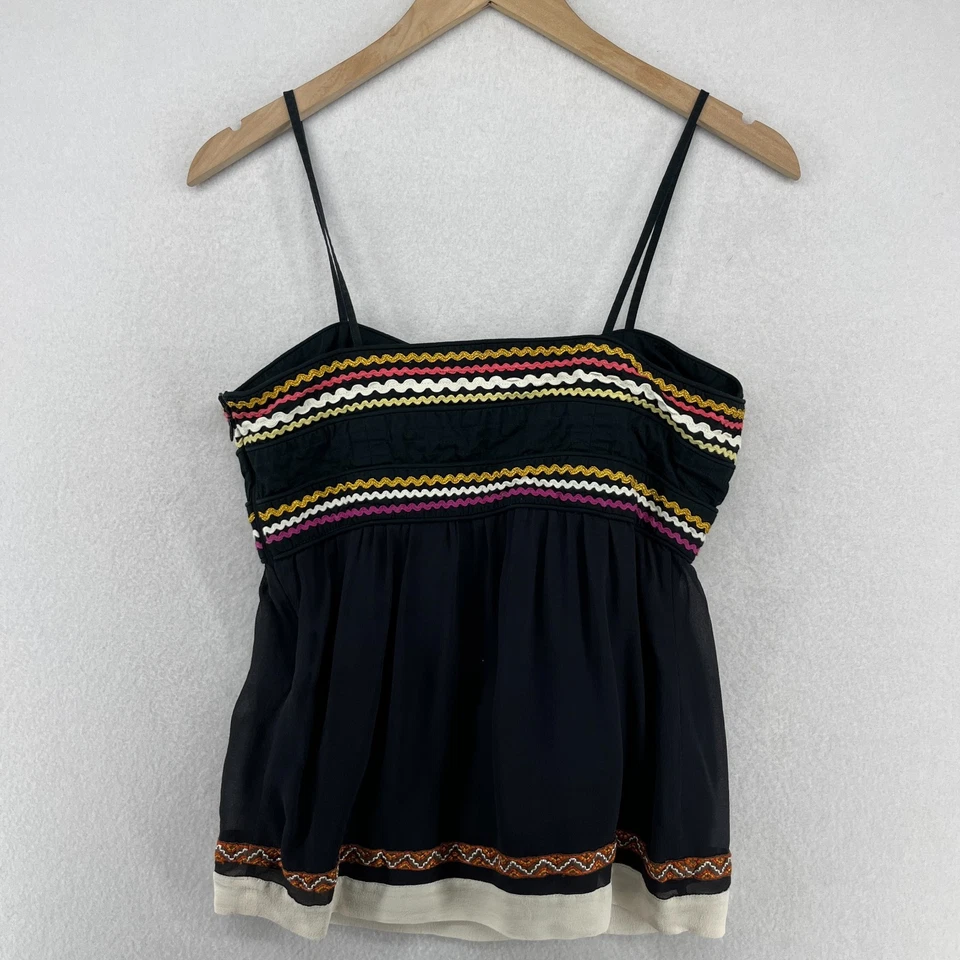 FRENCH CONNECTION Top Mujer 2 Camisola Bordada Ric Rac Rim Boho Negro Foto 2 de 4