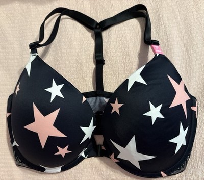 Victoria's Secret Pink Wear Everywhere Push Up Bra Womens 32DD Black Stars Print