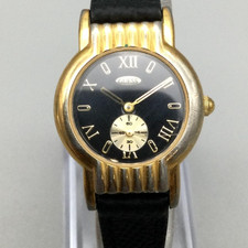 Vintage Guess Watch Womens 25mm Gold Tone Black Dial Leather Band New Battery