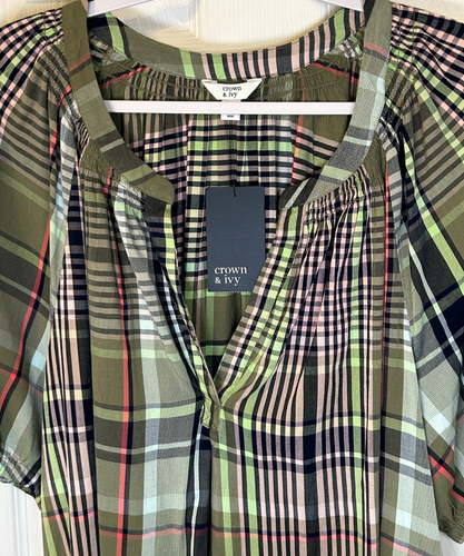 Crown & Ivy Bluse Gr. 3X olivgrün & rosa kariert SS weiches Bauerntop neu mit Etikett - Bild 2 von 9