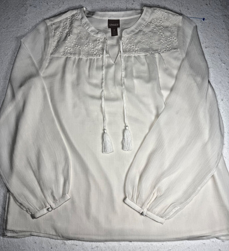 Chico's Coastal Boho Cottage Top Size 2 Floral Embroidered Ties Bubble Sleeve