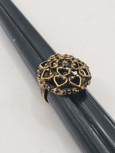 Vintage goldfarbener runder filigraner Cocktail Ring größenverstellbar unsigniert  - Bild 3 von 7