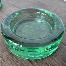 Recycled Green Art Glass Round Catch All Dish Tray Chunky Candle Holder