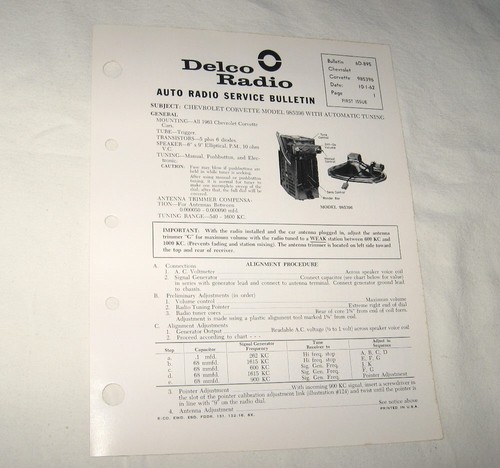 1963 Corvette Original Factory NOS GM Wonder Bar Radio Service/Repair Info 63 - Picture 2 of 4