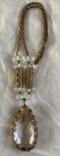 Vintage SIGNED Miriam Haskell Necklace Clear Beveled Glass & Russian Gold Plate