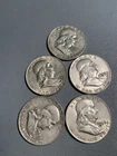 5 (five) 1959 Ben Franklin 90% Silver Circulated Half Dollars - FV $2.50