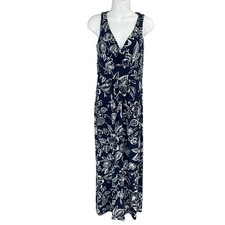 Chaps Navy Floral Print Sleeveless V Neck Babydoll Maxi Dress Women's Size S