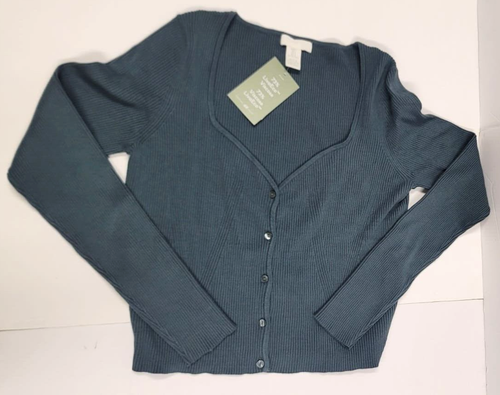 H & M Woman's Square V-Neck Button Up Sweater Blue Green Long Sleeve Size Large - Picture 5 of 13
