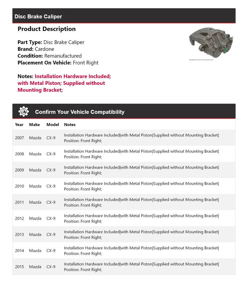 Pinça de freio a disco dianteira direita Cardone 2008 2009 2010 para 2007-2015 Mazda CX-9 - Imagem 2 de 4