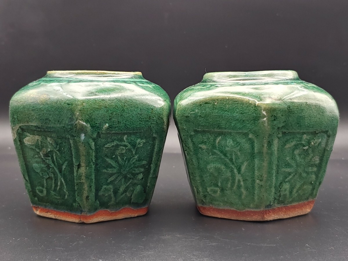 清代石湾陶绿釉六方罐 Antique China Qing Shiwan Pottery Green 清代石湾陶绿釉六方罐 Antique China Qing Shiwan Pottery Green