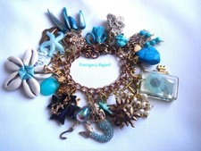 AQUAMARINE BLUE RHINESTONE MERMAID CHARM BRACELET TASSEL  DRIED FLOWER PENDANT