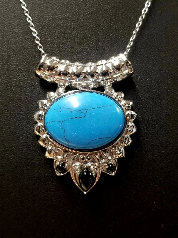 20.55 ctw Turquoise Blue Howlite & Black Onyx Necklace 18” in Stainless Steel  - Image 2 of 4