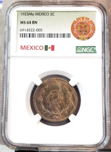 1925 MEXICO 2 CENTAVOS 2C NGC MS 64 BN RARE BEAUTIFUL BU COIN