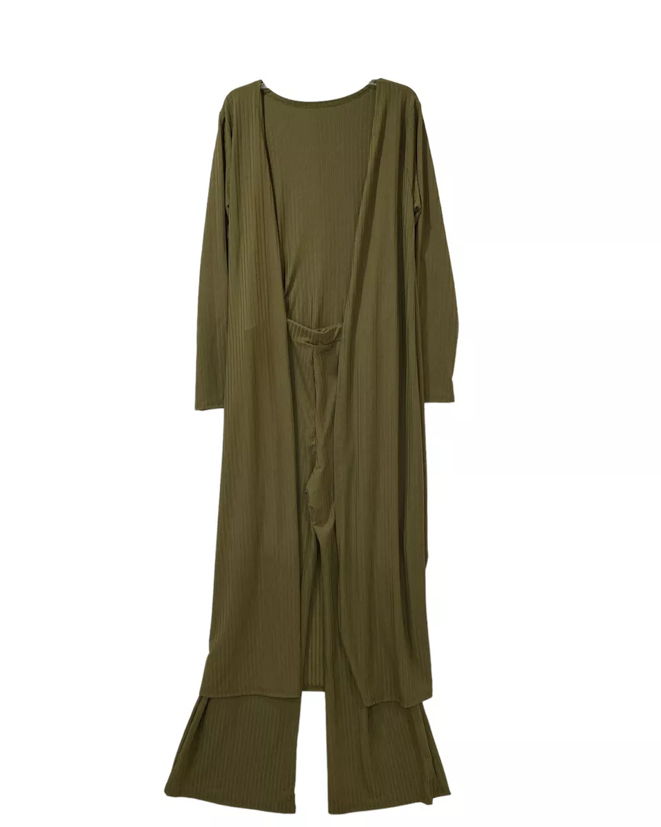 Woman's M/L Long Cardigan Pant Set Olive Green Stripe Knit Open Front Wide Leg