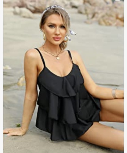 Swimming Tankini for Women Shorts Swimwear Set Flounce Top Swimsuit Black XL - Picture 5 of 6
