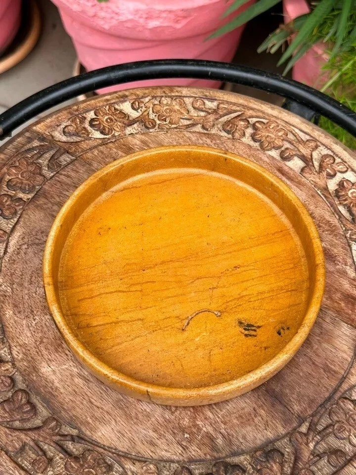 Linda placa tigela antiga esculpida à mão em pedra amarela esculpida à mão - Imagem 4 de 4