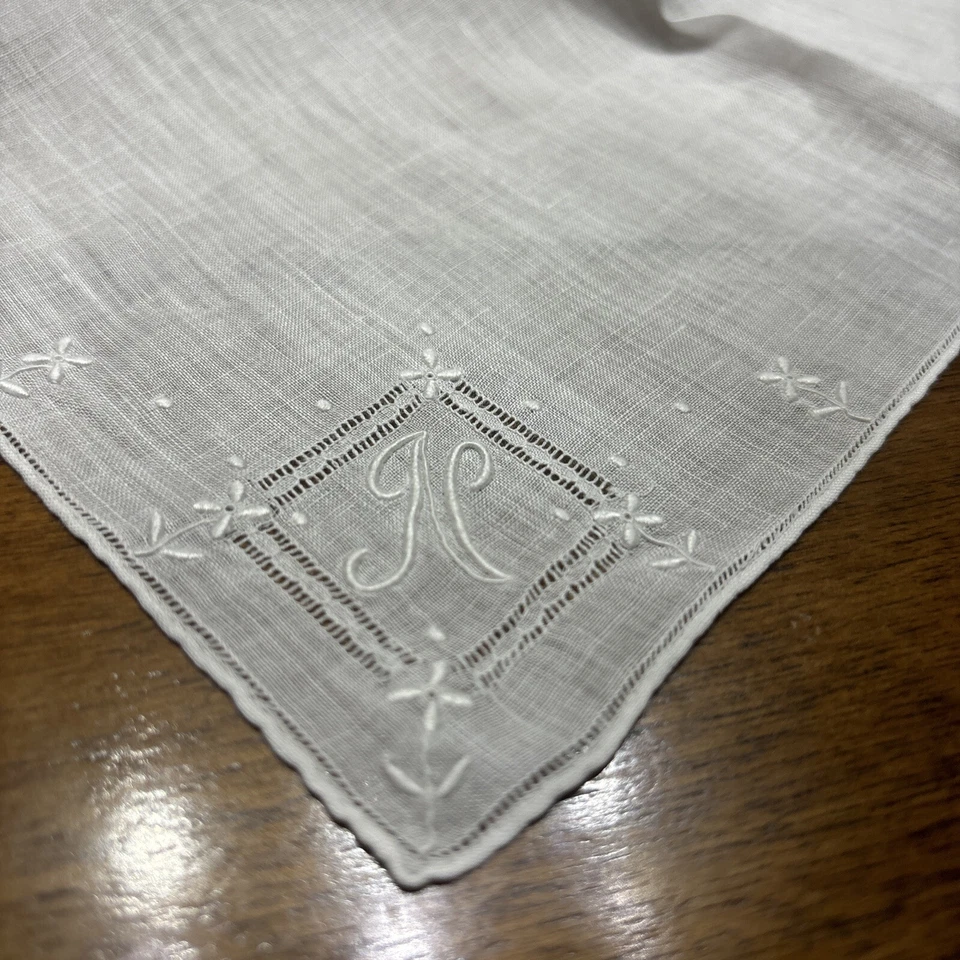 Vintage White Handkerchief Embroidered N Monogram Floral Accents - Image 2 of 4