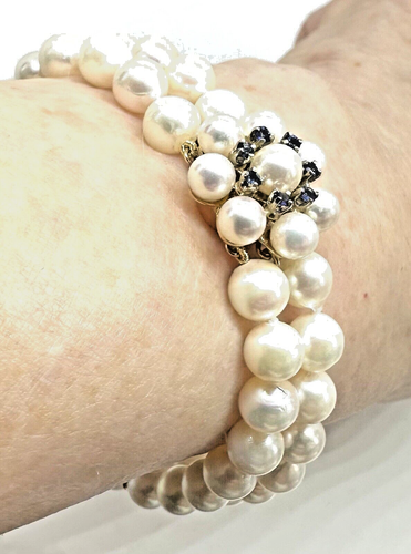 Double Strand 6.5 mm Akoya Pearl 14k Yellow Gold Blue Sapphire Bracelet 7.25" - Picture 5 of 14