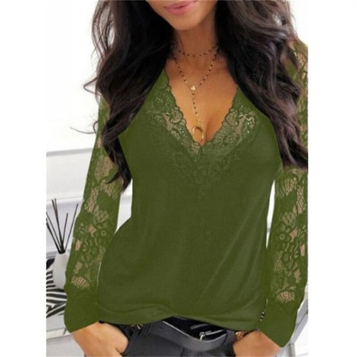 Womens T-shirt Blouse Pullover Long Sleeve  V-neck Tops Ladies Casual Lace - Picture 8 of 12