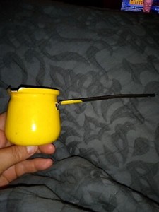 Vtg Enamelware Long Handle Orange Small Dipper Pour Ladle Burner Melting Pot
