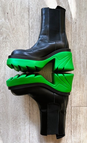 BOTTEGA VENETA Women's 6.5 M Blk/Green Leather Platform Heel Chelsea Boots Italy - Picture 7 of 12