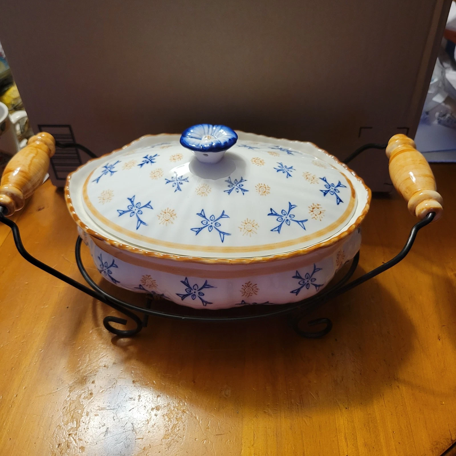 Temptations By Tara Blue And Yellow Print 3 Pc Casserole Bakeware Set MINT