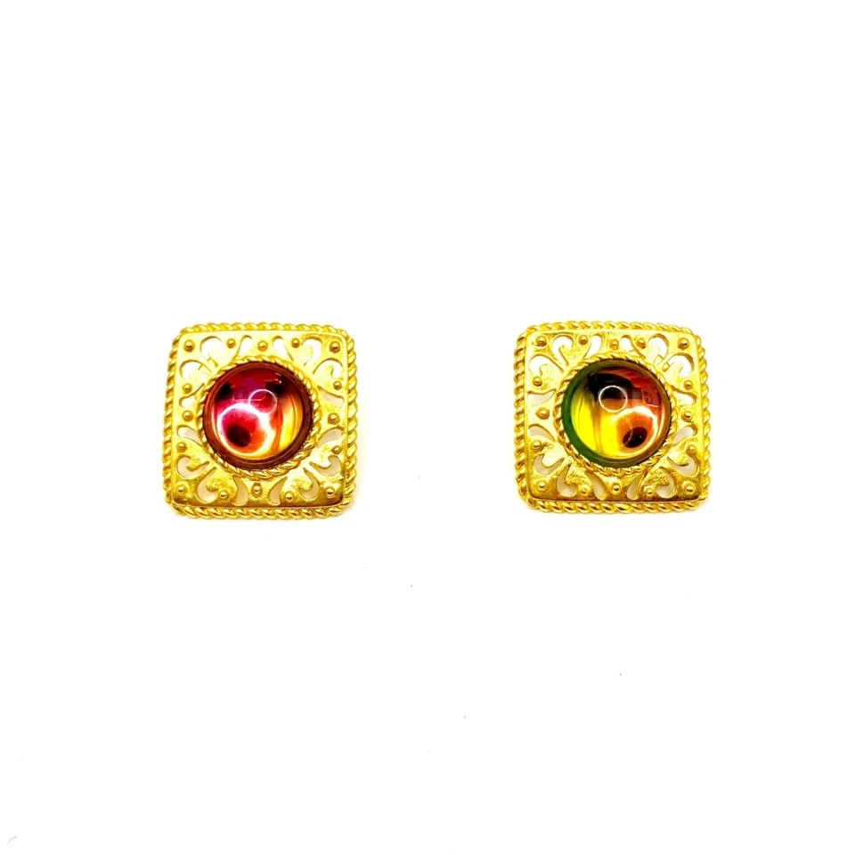 Vtg Gold Tone Rainbow Vitrail Jelly Belly Lucite Cabochon Stud Earrings Art Deco - Image 3 of 4