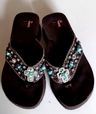 Justin women's southwest flipflops 8.5 M-W sandals shoes jeweled turquoise