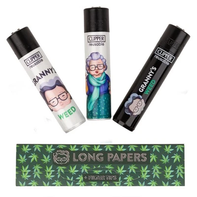 GRANNYS WEED Granny's® Original Clipper Feuerzeuge Mix (3er Set) & EIN Long Papers mit Tips