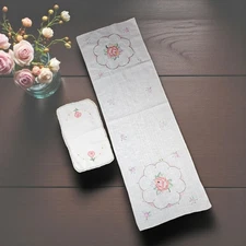 Vintage Hand Embroidered Linen Runner & Doily Set Floral Roses 27" + 12"
