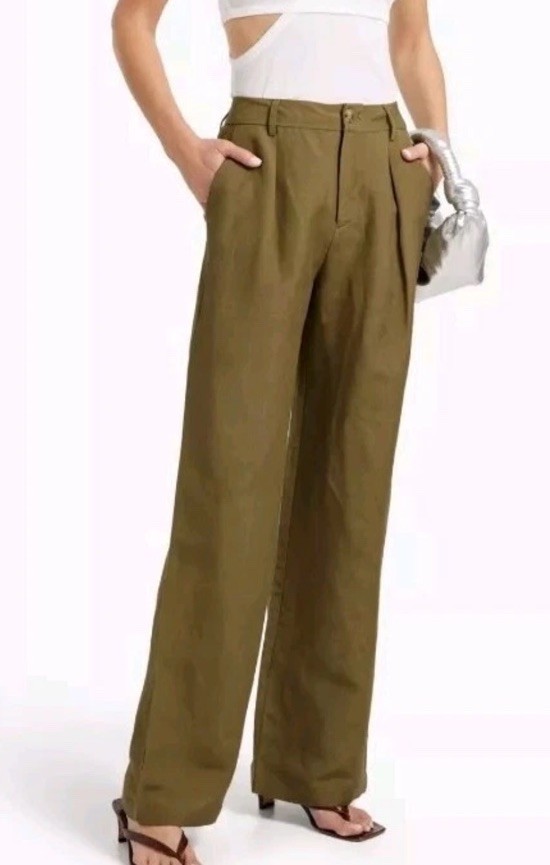 Paige Dallas Pants Size 12 Army Green Pleated Linen Trousers Wide Leg High Rise