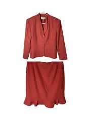Le Suit 3 Button Flare Bottom Skirt Suit Size 12P Petite Salmon Ruffle 2PC