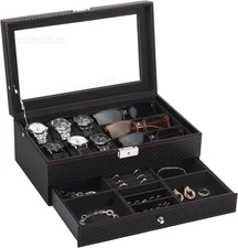 Watch Box, Leather Mens Jewelry Box With 6 Slot Case & 3 12 slot, Black