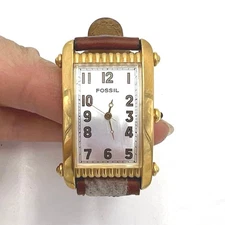 Fossil Gold Tone Rectangle Brown Band Wrist Watch *Read*