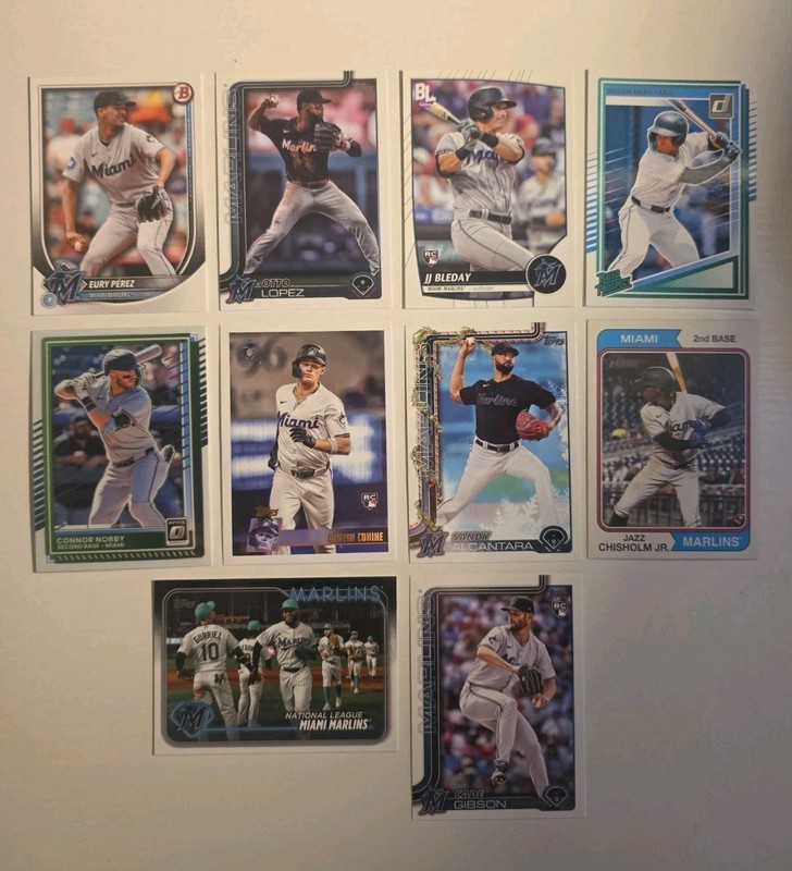 MLB Miami Marlins Card Lot Of 10 - Perez, Lopez, Bleday, Head, Norby, Conine