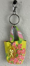 Floral Fabric Tote Bag Keychain Fob Purse Charm Key Ring Handmade Cute Yellow