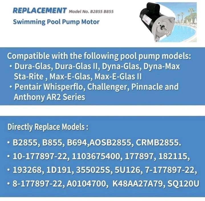 B2855 2HP Pool Pump Motor Replaces Century/AO Smith Regal Beloit B855... - Image 3 of 4