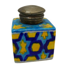VINTAGE BRASS METAL LIDDED HANDPAINTED TRAVELLING INKWELL ORNATE BOTTLE JAR