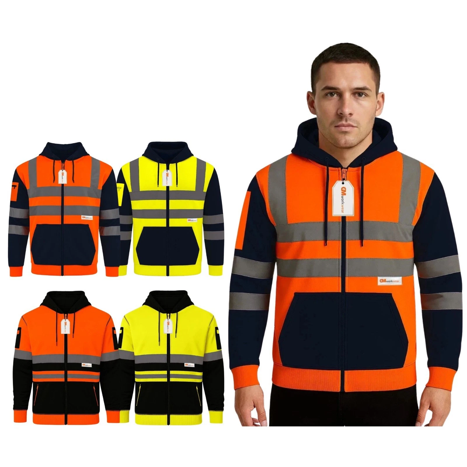 High Visibility Work Hoodie Construction Safety Fleece Lined Zip Up PPE EN20471
