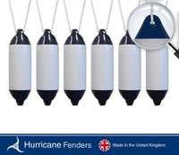 6 X Hurricane Boat Fenders - White With Blue Ends- 19 X 5 - Free Rope Included 6 X Hurricane Boat Fenders - White With Blue Ends- 19 X 5 - Free Rope Included