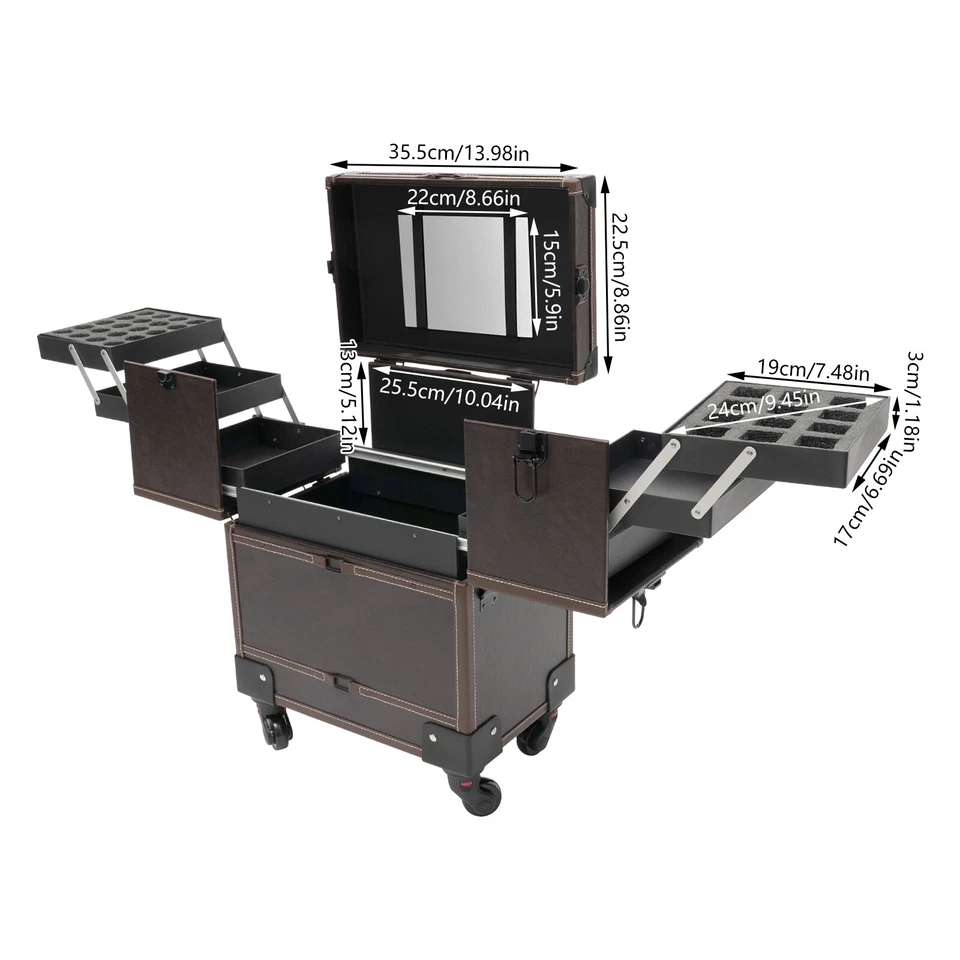 Estuche de tren de maquillaje con ruedas rectangulares carro organizador de cosméticos caja con espejo Foto 3 de 4