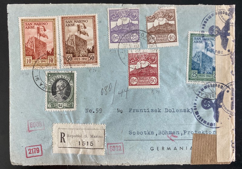 1943 San Marino Censored Registered Cover To Sobotka Bohemia Moravia