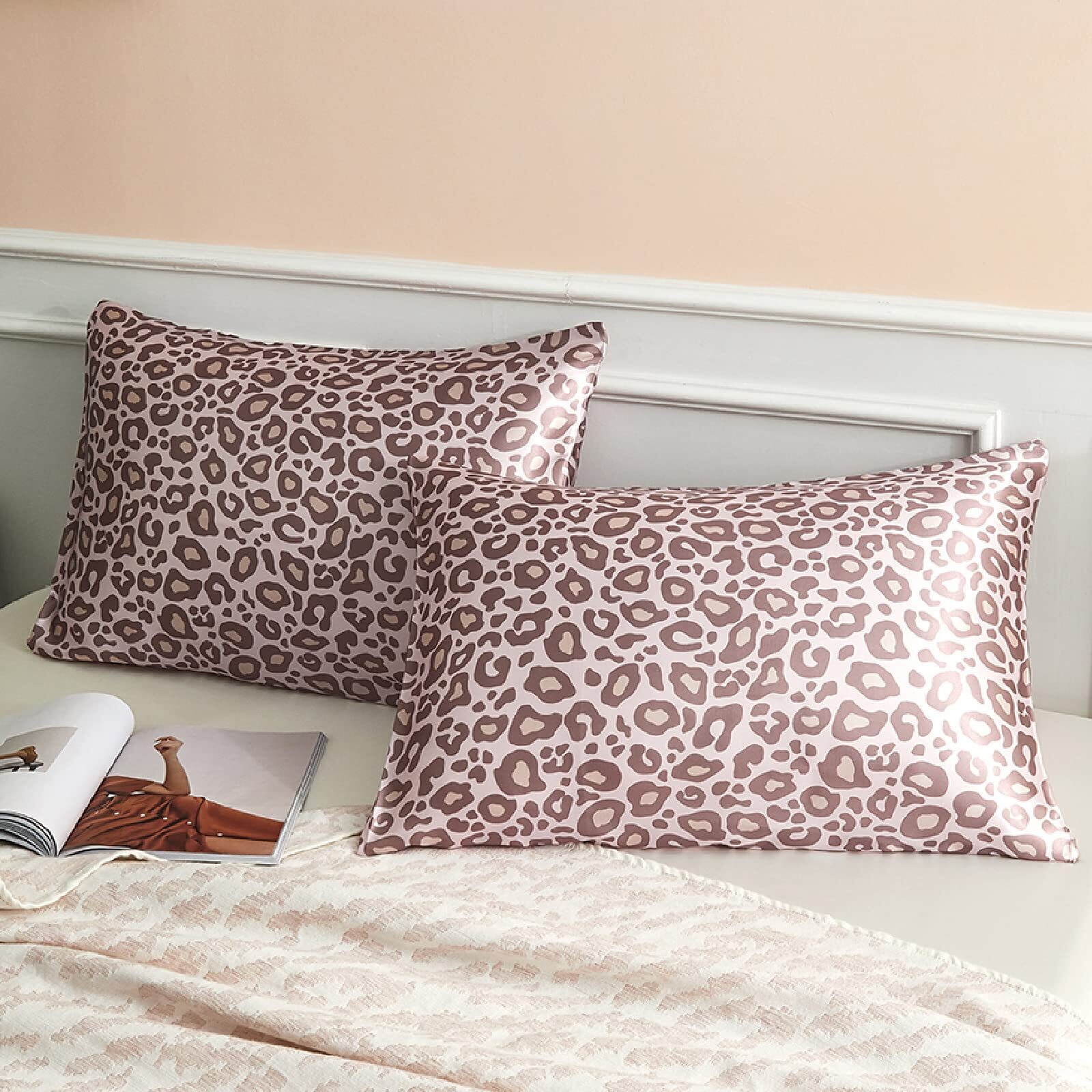 Satin Pillowcase for Hair and Skin Pink Leopard Printed Pillow Cases Set of 2...