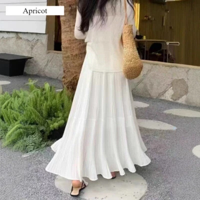 Damen Chiffon Faltenrock Damen Sommer A-Linie Lang Swing Elastische Taille - Bild 1 von 4